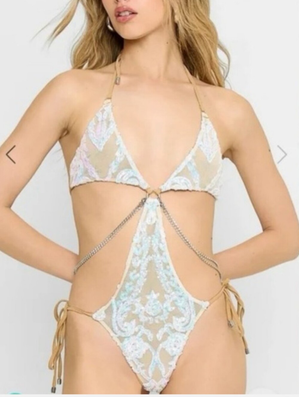 Sequin Embellished Tan One-Piece Swimsuit